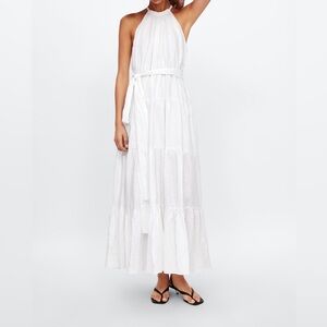 Zara Long Halter Linen Tiered White Dress